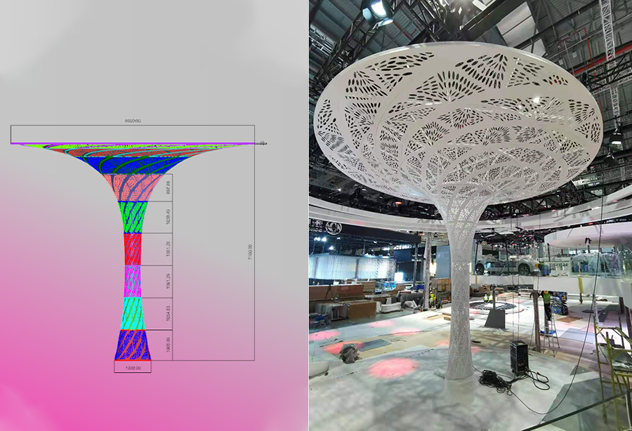 Architectural metalwork drawing beside the finished sculptural installation